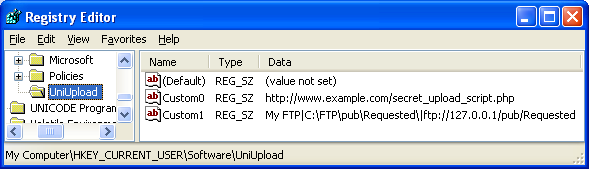 UniUpload registry example screenshot